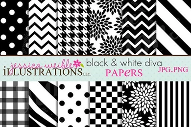 Black & White Diva Cute Digital Papers Backgrounds For Invitations ...
