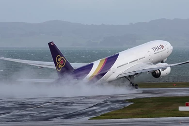 Boeing 777 200ER Of Thai Airways Wet Landing Aircraft Wallpapers 2508