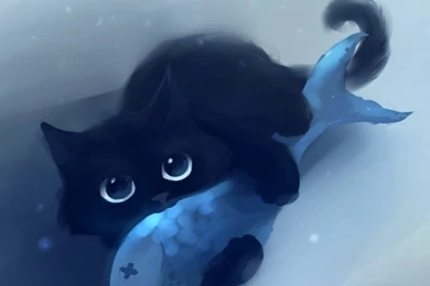 1024x768 Black Cat & Blue Fish Desktop PC And Mac Wallpapers