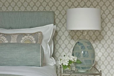 Gray And Green Bedroom With Nickel And Mirror Bedside Table ...