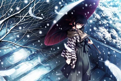 Snow Tree Kimono Girl Alone Sad Anime Blue Wallpapers