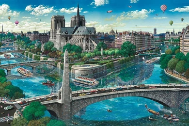 Religious: Notre Dame Cityscape Scenery Bridge Painting Art ...