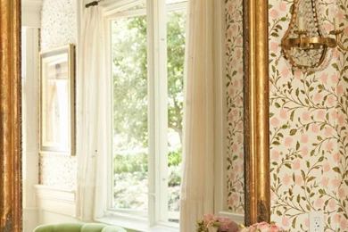 Bathroom With Floral Wallpapers And White Freestanding Bath