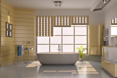 Bathroom With Floral Wallpapers And White Freestanding Bath