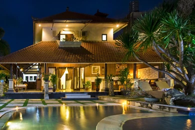 Villa Design Colorful Grass Peaceful Pool Modern Lights Night ...