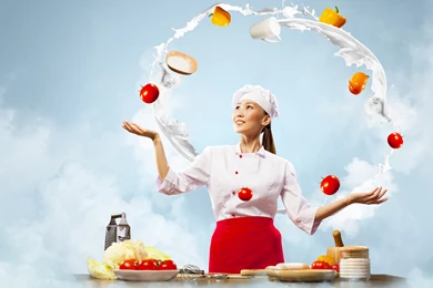 Girl Woman Chef Kitchen Vegetables Tomatoes Peppers Eggs Milk ...