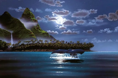 WHALE SWIMMING NEAR AN ISLAND FANTASY WALLPAPER   (