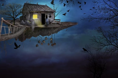 Art Sky Bridge Island Girl House Bird Fantasy Wallpapers ...
