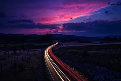 Switzerland, Road Traffic, Lines Light, Sunset, Twilight, Purple ...