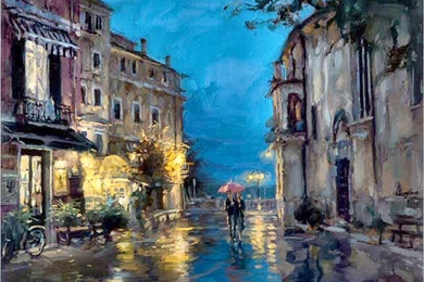 Other Lovers Rain Cityscape Painting Scenery Couple Art Artwork ...