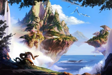 Download Wallpapers 3840x2400 Island, Sea, Sky, Waterfall, Trees ...