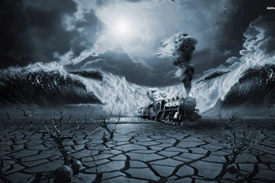 Giant Waves Behind The Steam Locomotive, Train, Ocean, Digital art ...