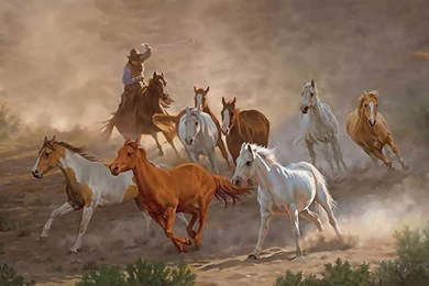 Horses: Roundup Animal Equine Painting Art Artwork Horse Wide ...