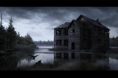 Halloween Creepy House On Water Wallpapers