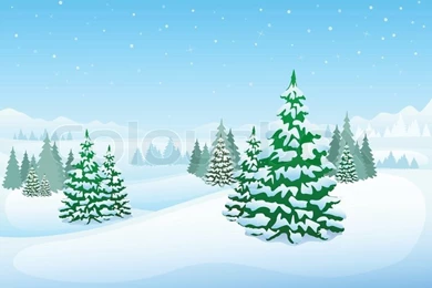 Green, Snowy Forest With Fir trees And Snowflakes."