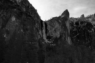 Cliff Waterfall Rock Stone BW Trees Mountains Black White ...