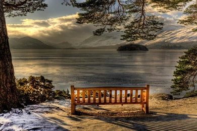 Wallpapers Romantic Snow Free Hd Awesome Water Landscape And Bench ...