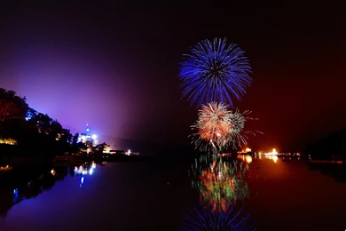 Colorful Fireworks Above A River In Pitch Black >> HD Wallpapers ...
