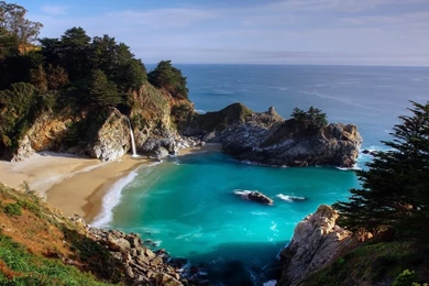 Download Wallpapers 2560x1440 Bay, Waterfall, Beach, Blue Water ...