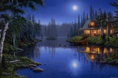 1920x1080 Lake, Moonlight, Night, House, Painting, Forest, Moon ...