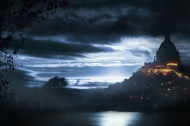 Fantasy Castles Cities Lake Night Clouds Moonlight Lights ...