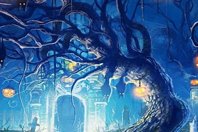 Download Wallpapers Helloween, Art, Pumpkins, Graveyard, Bats ...