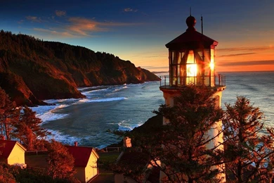 Oregon Coast Sea Lighthouse Sunset Landscape Ocean Sunrise Autumn ...