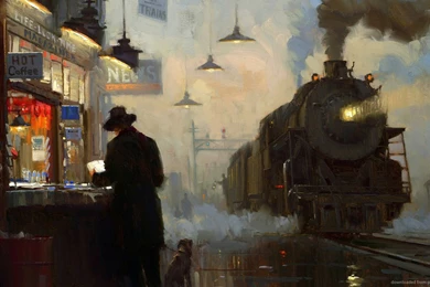 Download 1366x768 Railway Station Painting Wallpapers