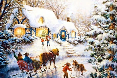Christmas, Cottage, Christmas Cottage, Snow, Horse, Dog, Family ...