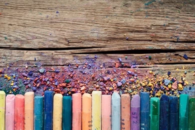 Pastel Crayons And Pigment Dust On Rustic Wooden Background. Stock ...