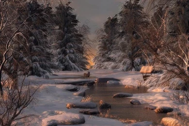 Winter: Winter Crossing Snow River Trees Deer Free Desktop ...