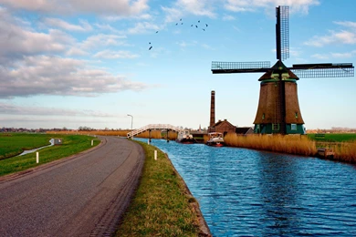 Dutch Windmill River Landscape Wallpapers HD For Dekstop