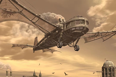 Steampunk City Wings Sky Clouds Airship