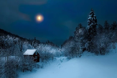 Download Wallpapers 1920x1080 Building, Winter, Snow, Night, Forest ...