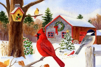 Cardinal Chickadee Xmas Barn New Year Christmas Paintings Trees ...