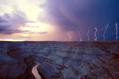 Canyon Lightning Storm River Sky Clouds Wallpapers