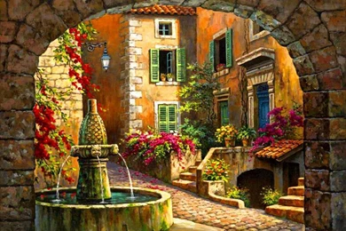 VILLAGE FOUNTAIN WALLPAPER   (