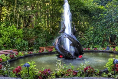 Download Wallpapers 1920x1080 Fountain, Fishes, Garden, Vegetation ...