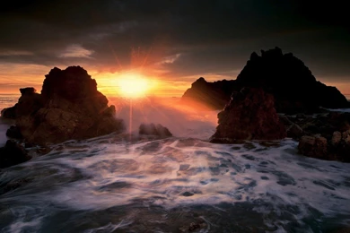 Sunsets: Sunset Sea Reflection Ray Waves Nature Rocks Phone ...