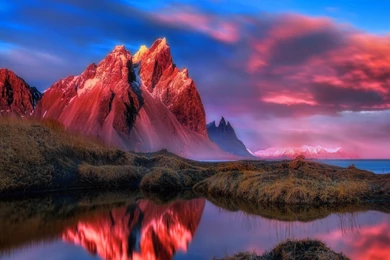 Sunsets: Gorgeous Red Sunset Reflection Grass Mountain Sea Pool ...