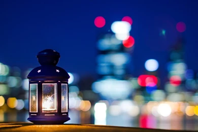 Lamp, Lantern, Candle, Stars, City, Bokeh, Water   HD Wallpapers