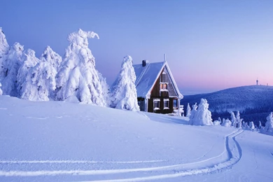 New Winter Cabin Christmas Scene Log Deep Snow Wallpapers