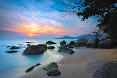 Beaches Sunset Sky Rocky Beach Blue Oceans Pink Sunsets Trees ...