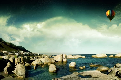 Hot Air Balloon Over Seashore, Sky, Rock, Digital art, 1920x1080 ...