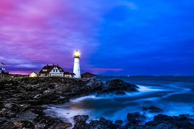Portland Lighthouse, Houses, Coast, Sea, Dusk, Blue Wallpapers ...