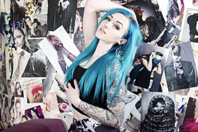 Suicide Girls, Tattoo, Blue Hair, Hands On Head :: Wallpapers