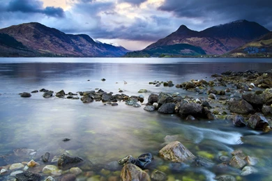 Lake, Mountains, Stones, Dark Clouds Sky, Nature Landscape ...
