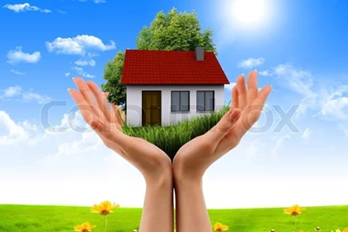 Human Hands Holding Model Of A House Against Nature Backgrounds ...