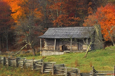 Autumn Fall Color Kentucky Country Log Cabin Wallpapers Brightly ...