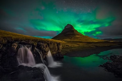 Aurora borealis green landscape mountain night northern lights river stars water.jpg